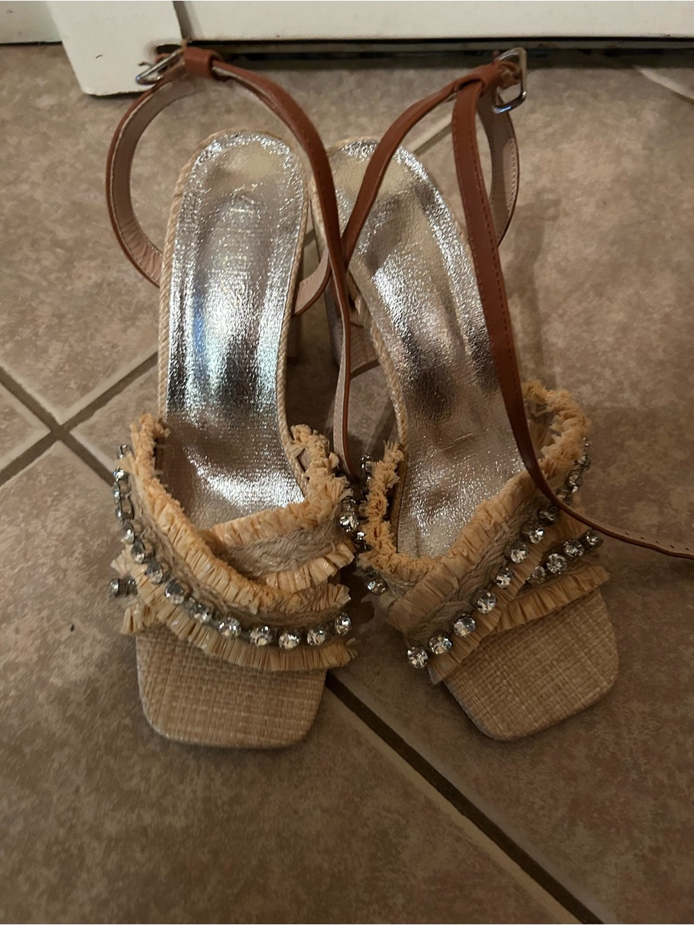 VENUS Tan Raffia Fringe Sling Heels with Crystal Trim
